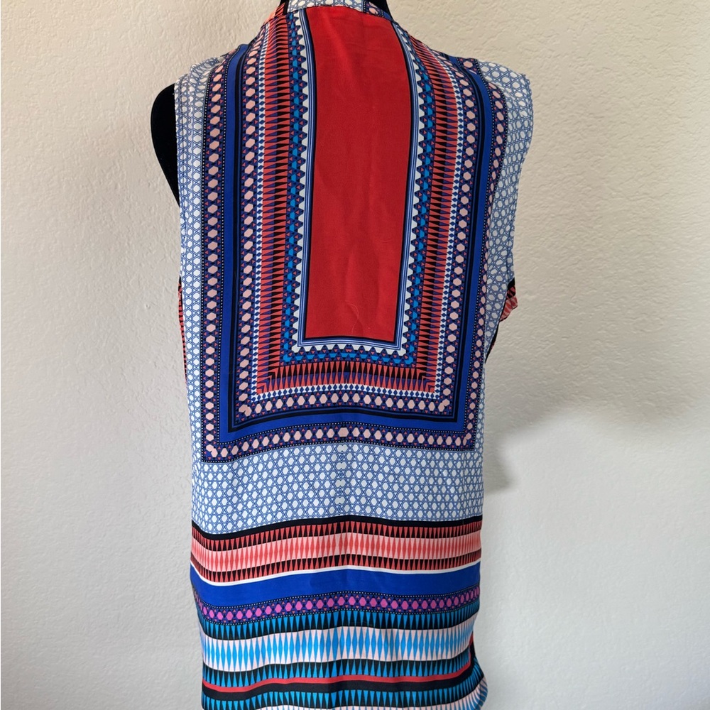 Red and Blue Graphic Sleeveless Tank Top with Sailor Collar